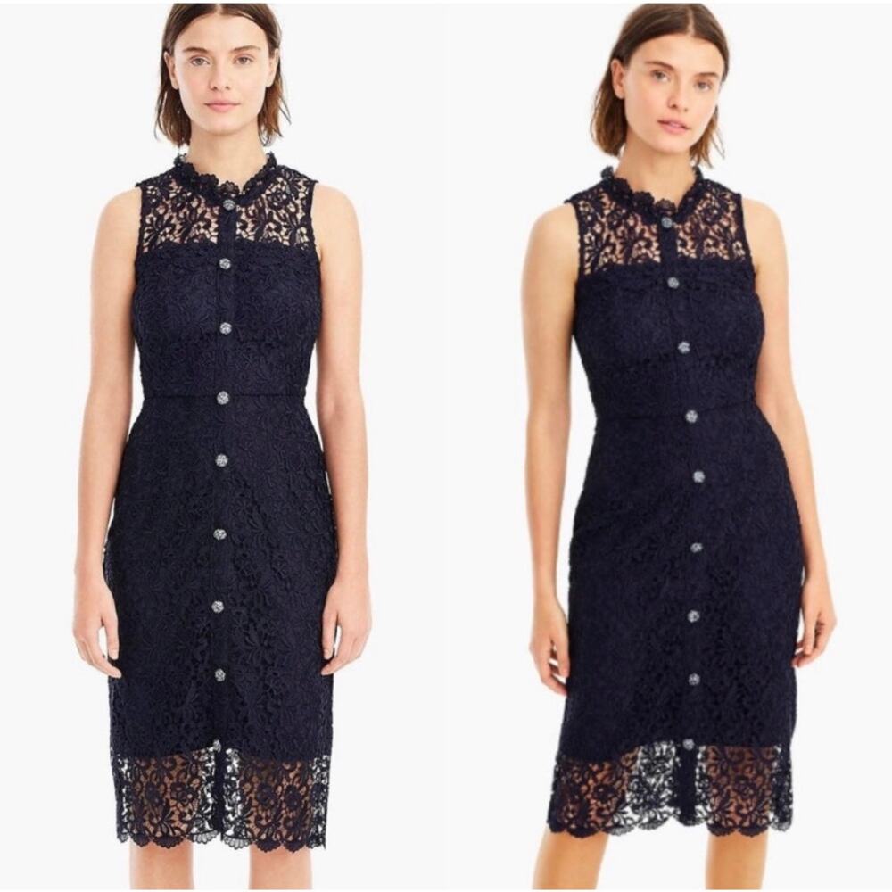J. Crew Sleeveless Guipure Lace Dress Navy Blue Embellished Jewel Buttons Size 0